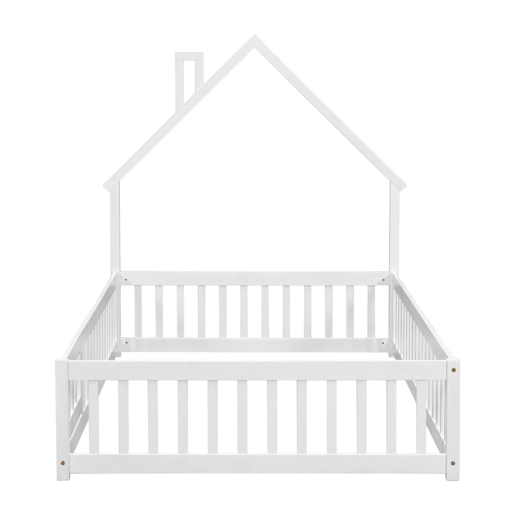 Grey Twin Size Wood Floor Bed with Fence O1829