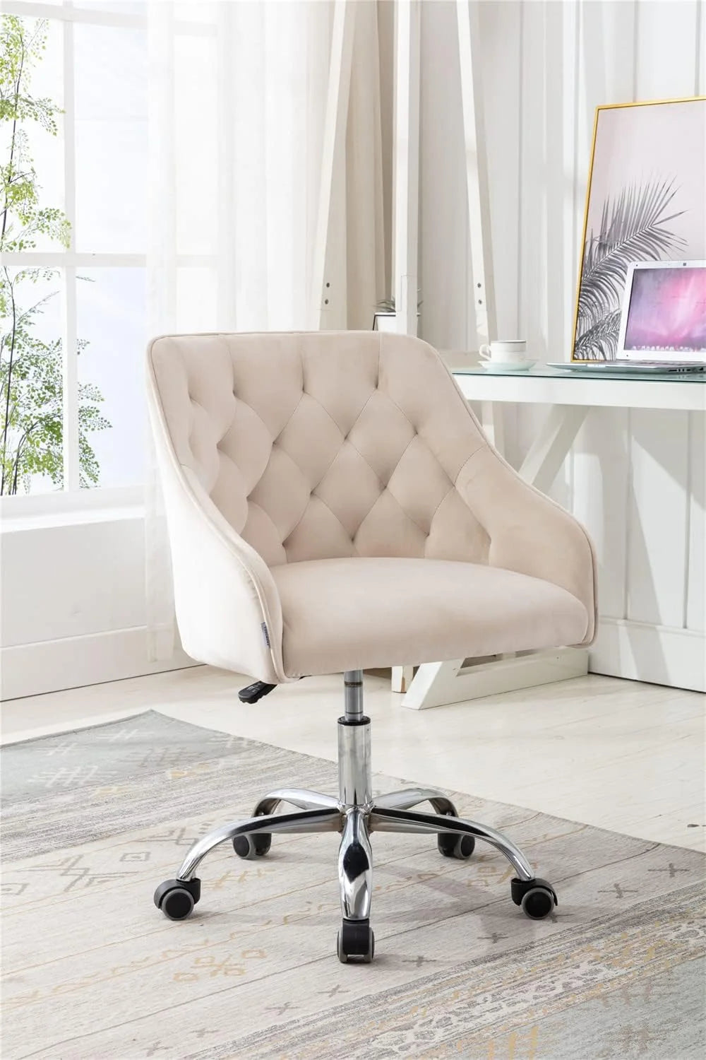 Velvet Upholstered Tufted Swivel Office Chair with Wheels T86266