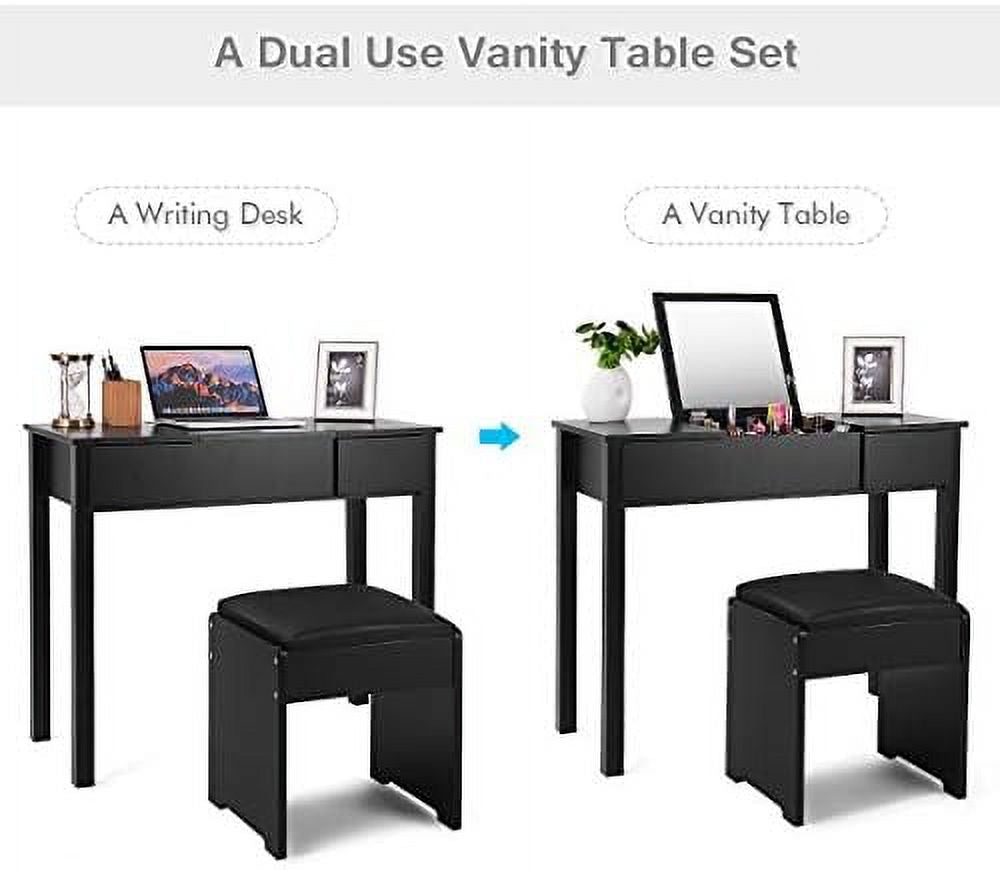 Black Vanity Set with Flip Top Mirror and Cushioned Stool E1516