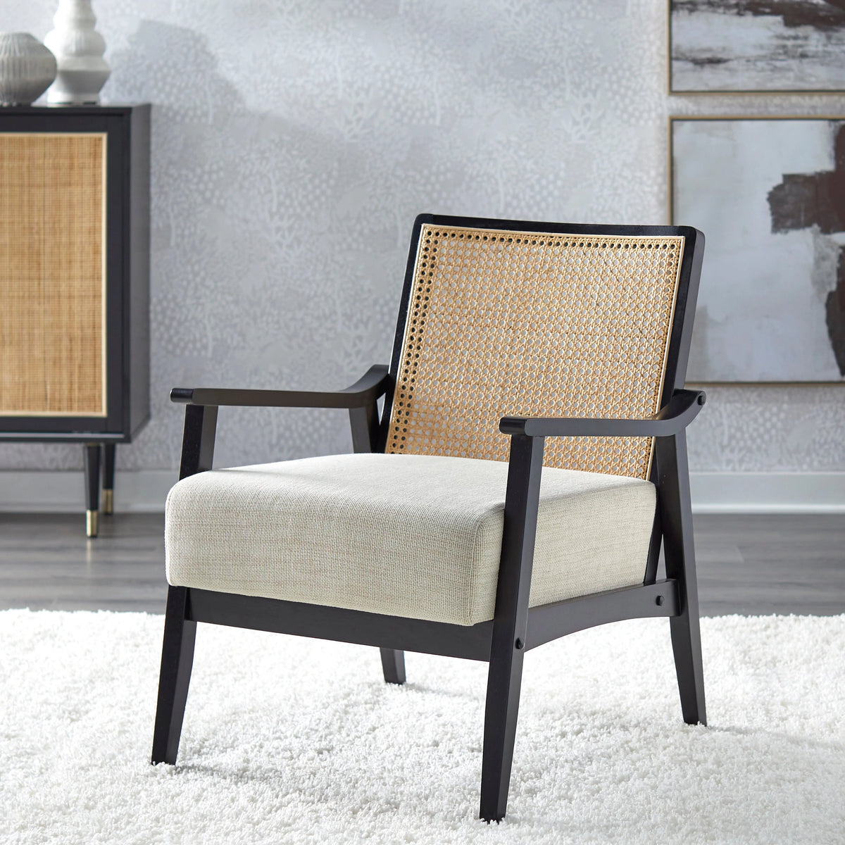 Black Cane and Solid Wood Accent Chair T375101
