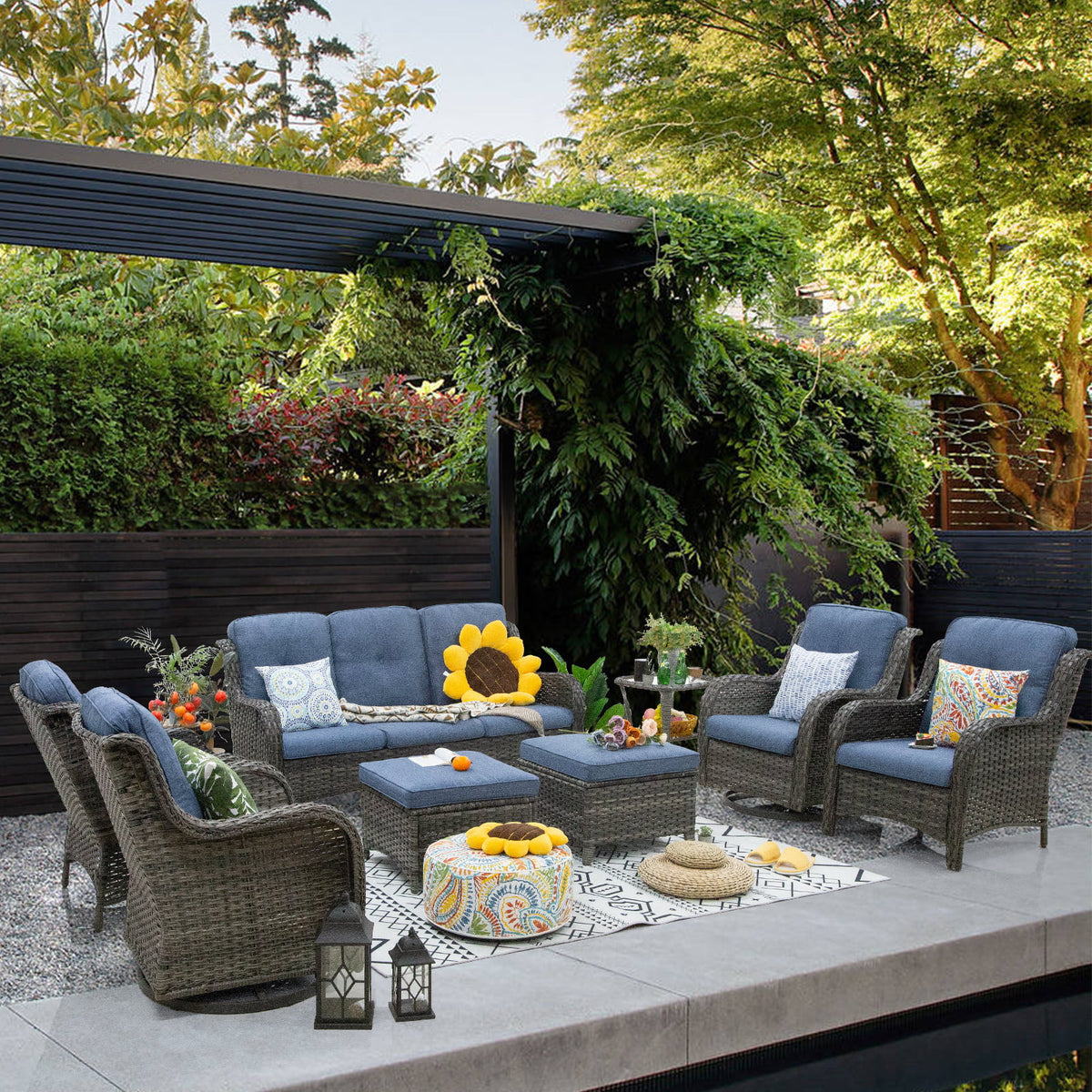 8 Pieces Outdoor Furniture Set with 3-Seat Sofa Swivel Rocking Chairs W441