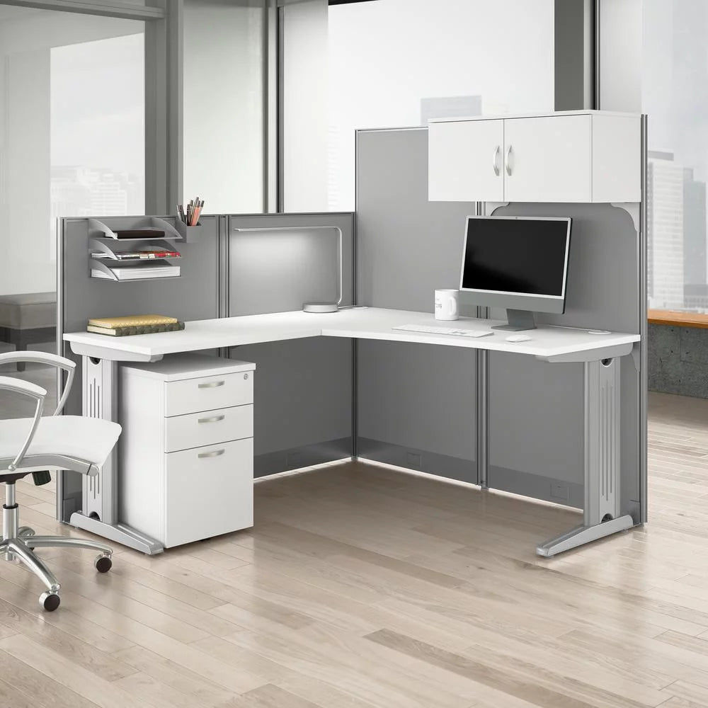 L Cubicle Desk with Storage in Pure White Engineered Wood O82207