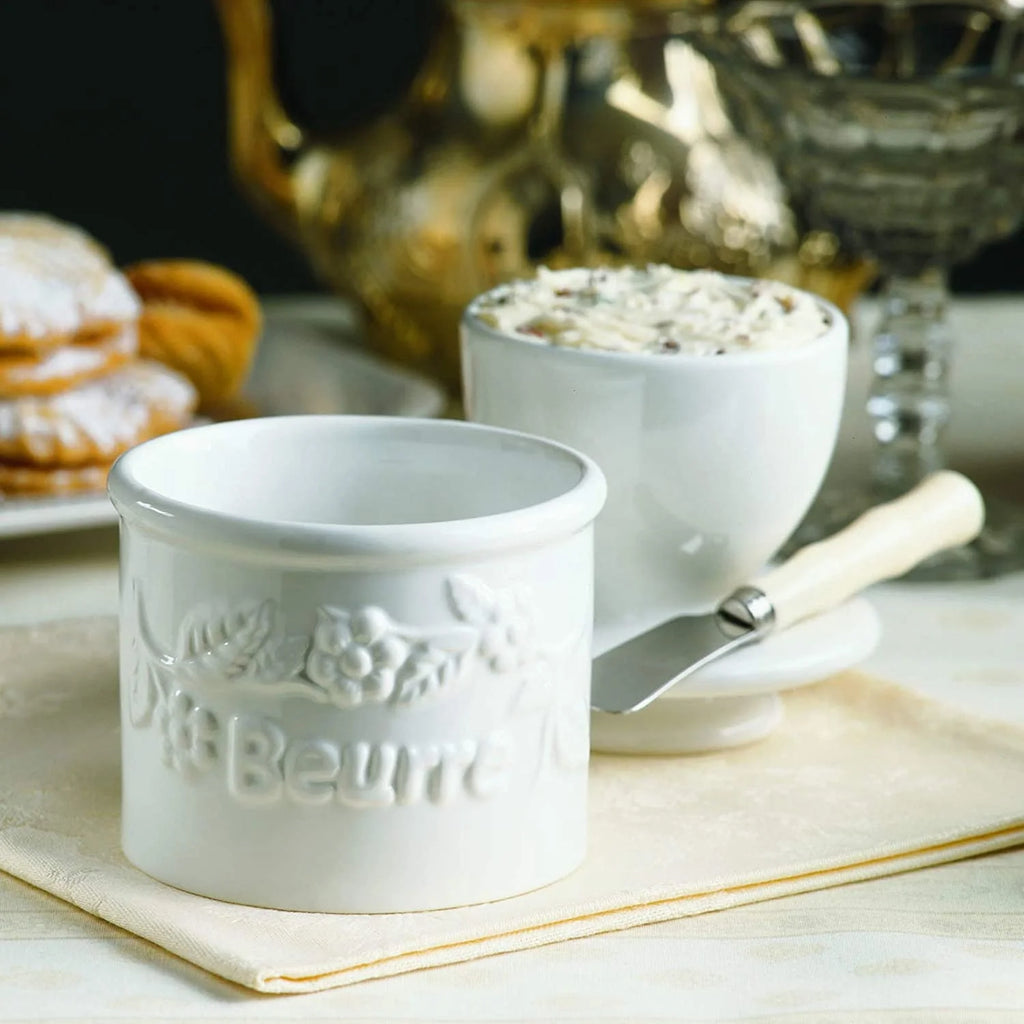 White Raised Floral French Ceramic Butter Dish Keeper H978