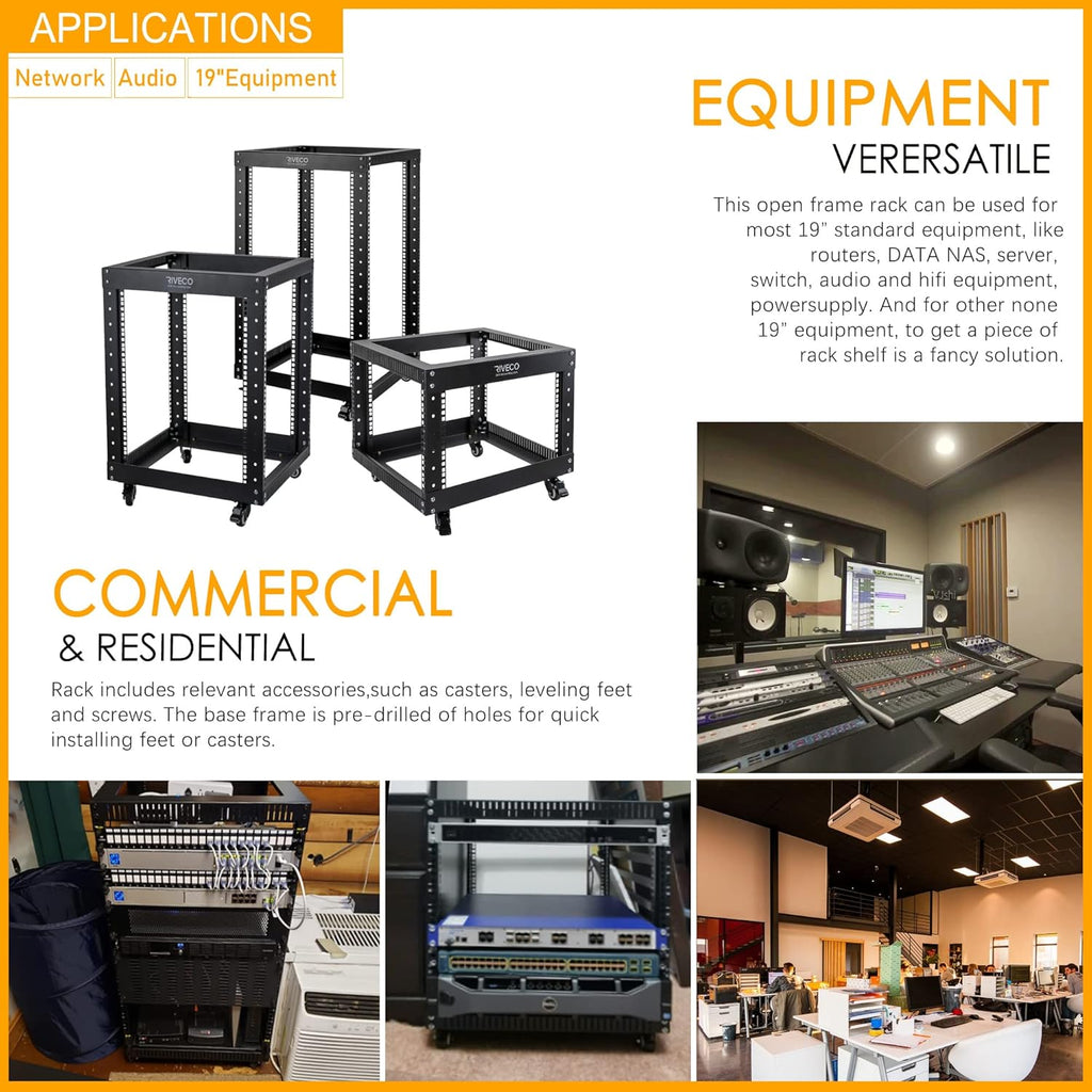 12U Open Frame Server Rack with Casters, 4 Post, 19-inch, Black T29443