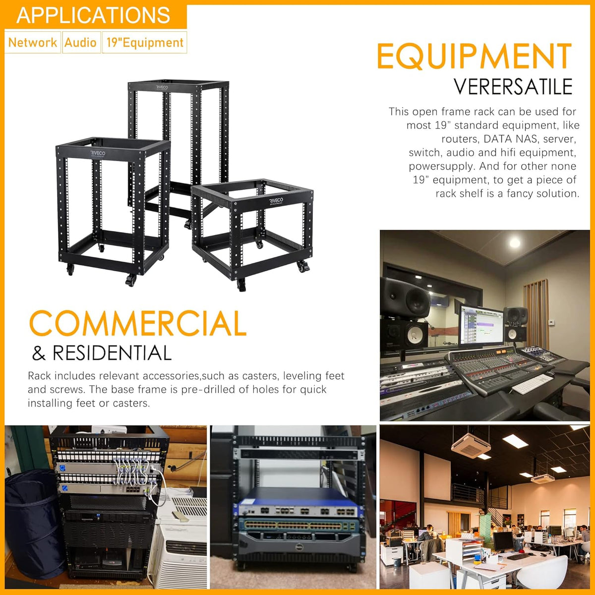 12U Open Frame Server Rack with Casters, 4 Post, 19-inch, Black T29443