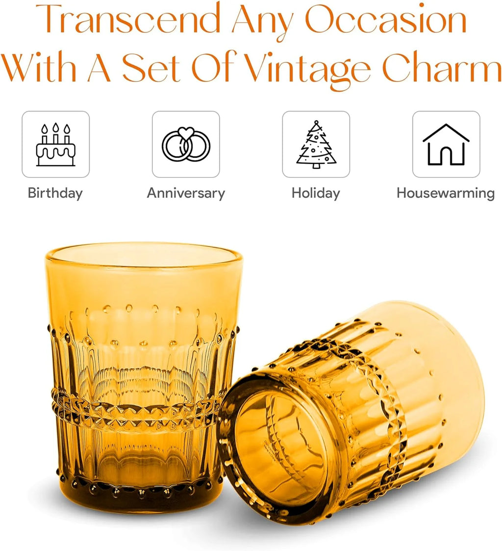 10 Oz Embossed Amber Beaded Whiskey Glasses Set Of 4 K641696