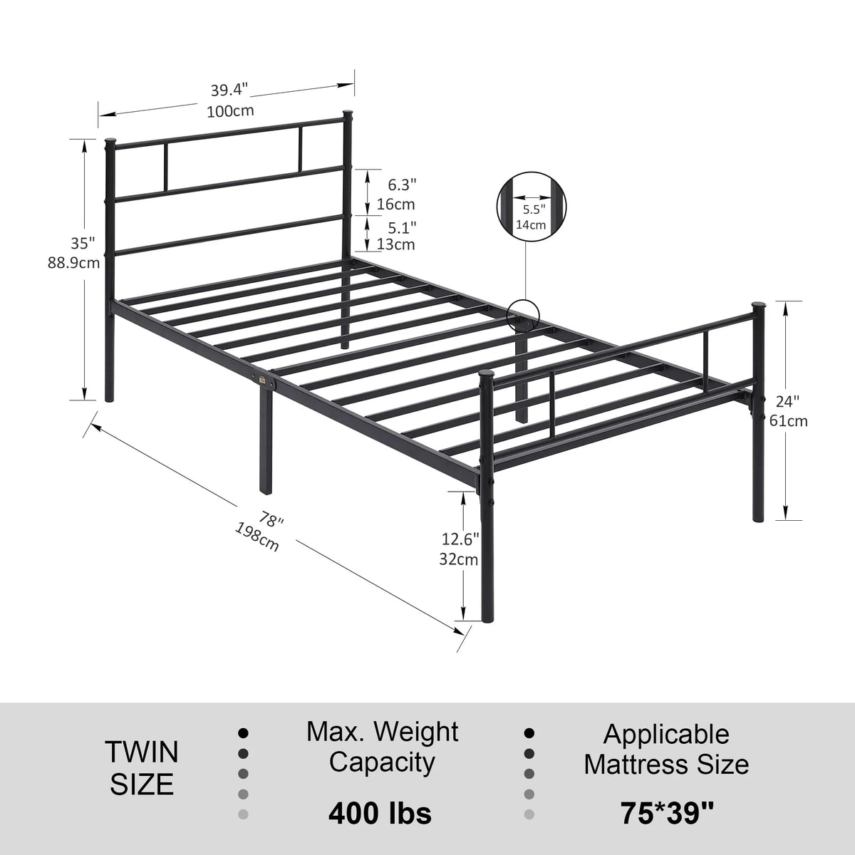 Twin Size Black Metal Platform Bed Frame with Headboard and Footboard N447