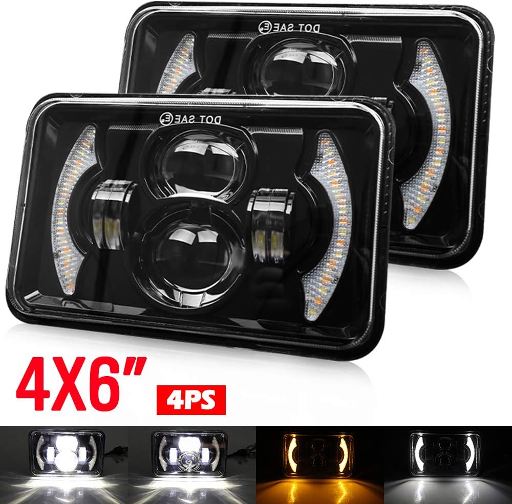 2pcs 4x6 Inch LED Headlights Sealed Beam 80W Amber Halo Rectangular Replacement Pack of 2 W7906