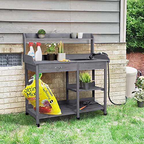 Natural Wood Potting Bench with Sink Drawer Rack Shelves L18044