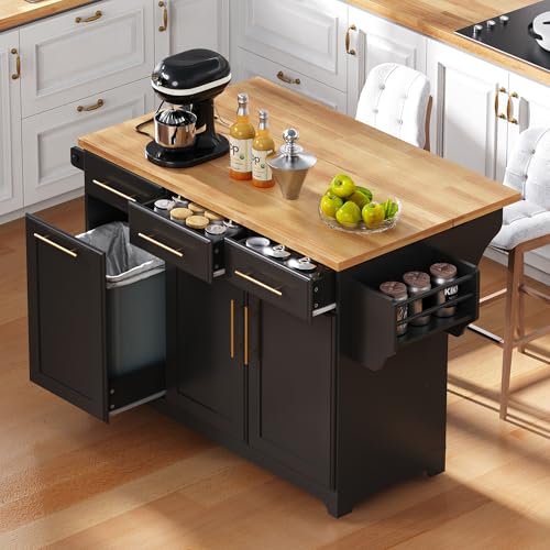 Black Farmhouse Kitchen Island with Drop Leaf, Barn Door, 3 Drawers, Adjustable Shelf, Spice Rack, 56" F706110
