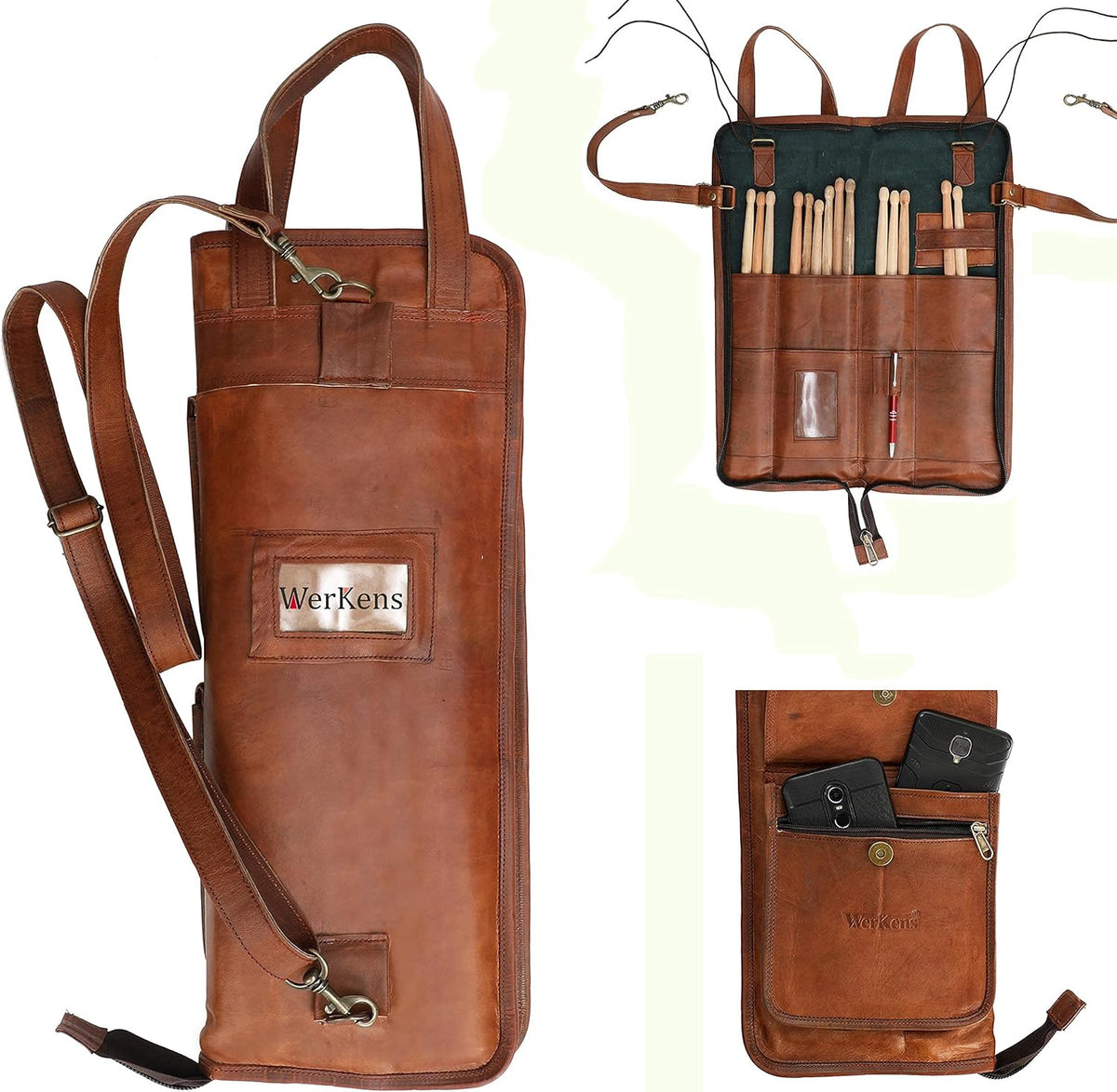 Leather Drumstick Bag Holds 10-12 Pairs Brown Z585404