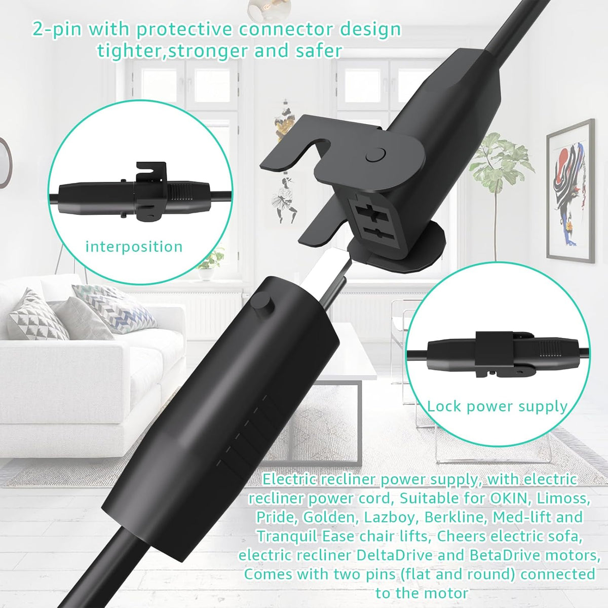 2-Pin 29V2A Power Adapter with Extension Cord for Recliner, Black R577
