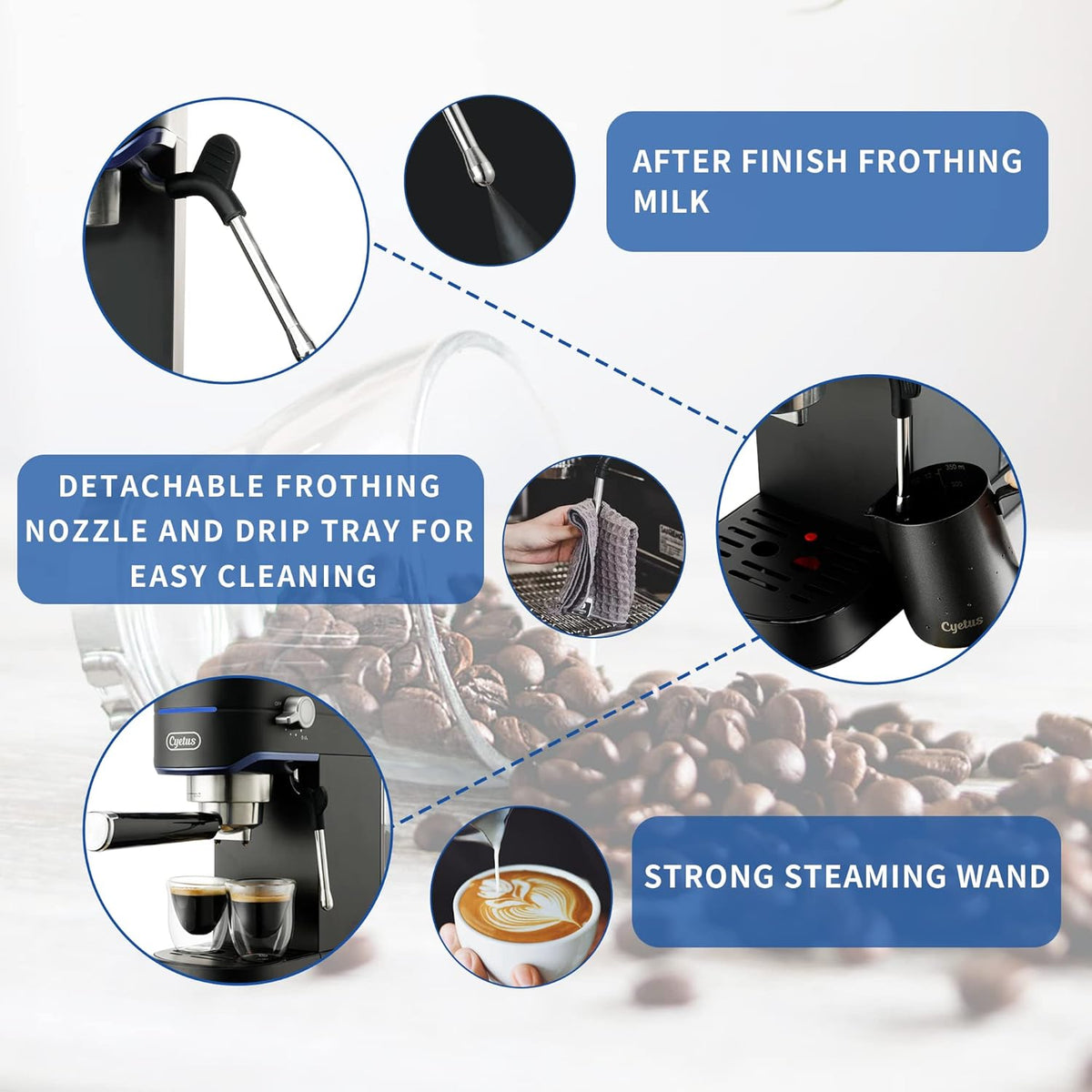 Black Espresso Machine with Milk Steam Frother Wand U76622