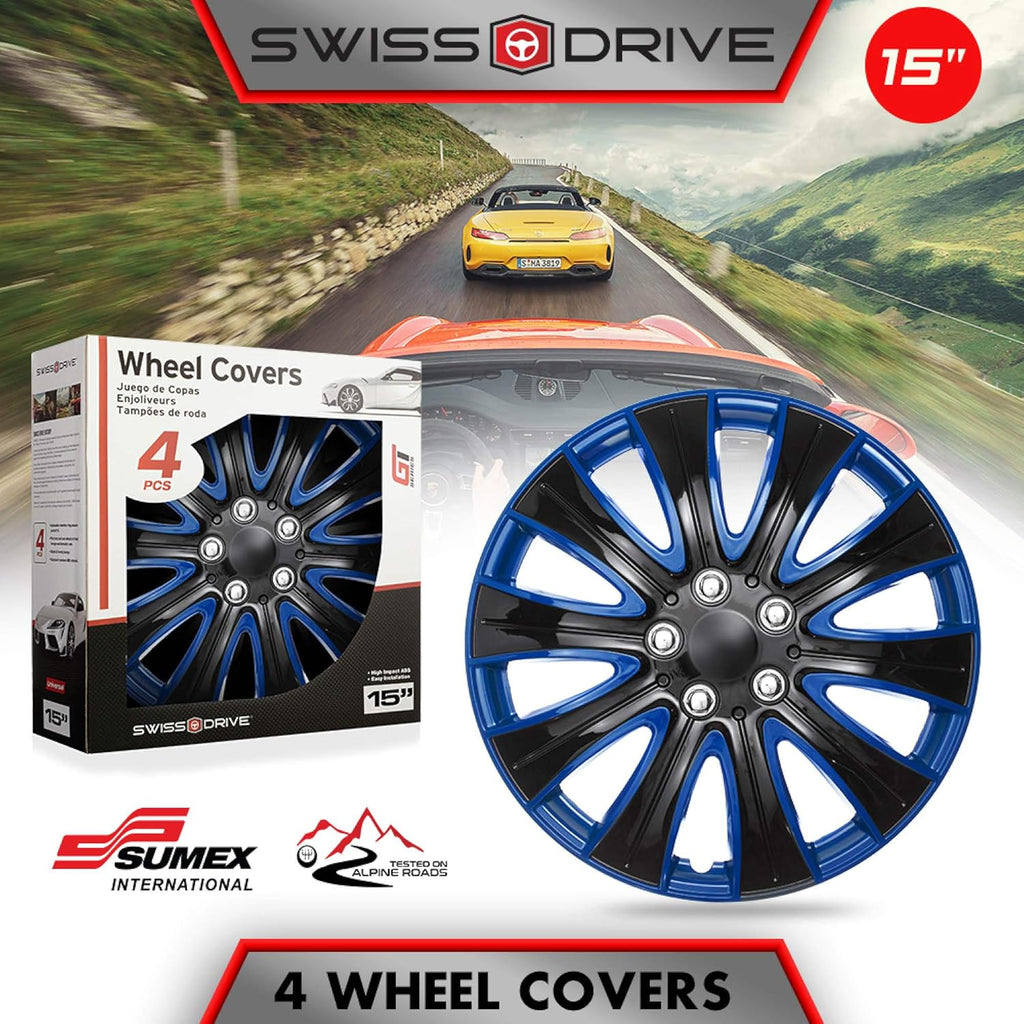 15 Inch Set of 4 Black and Blue Car Wheel Hubcaps B297