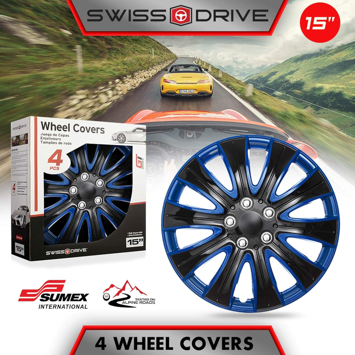 15 Inch Set of 4 Black and Blue Car Wheel Hubcaps B297