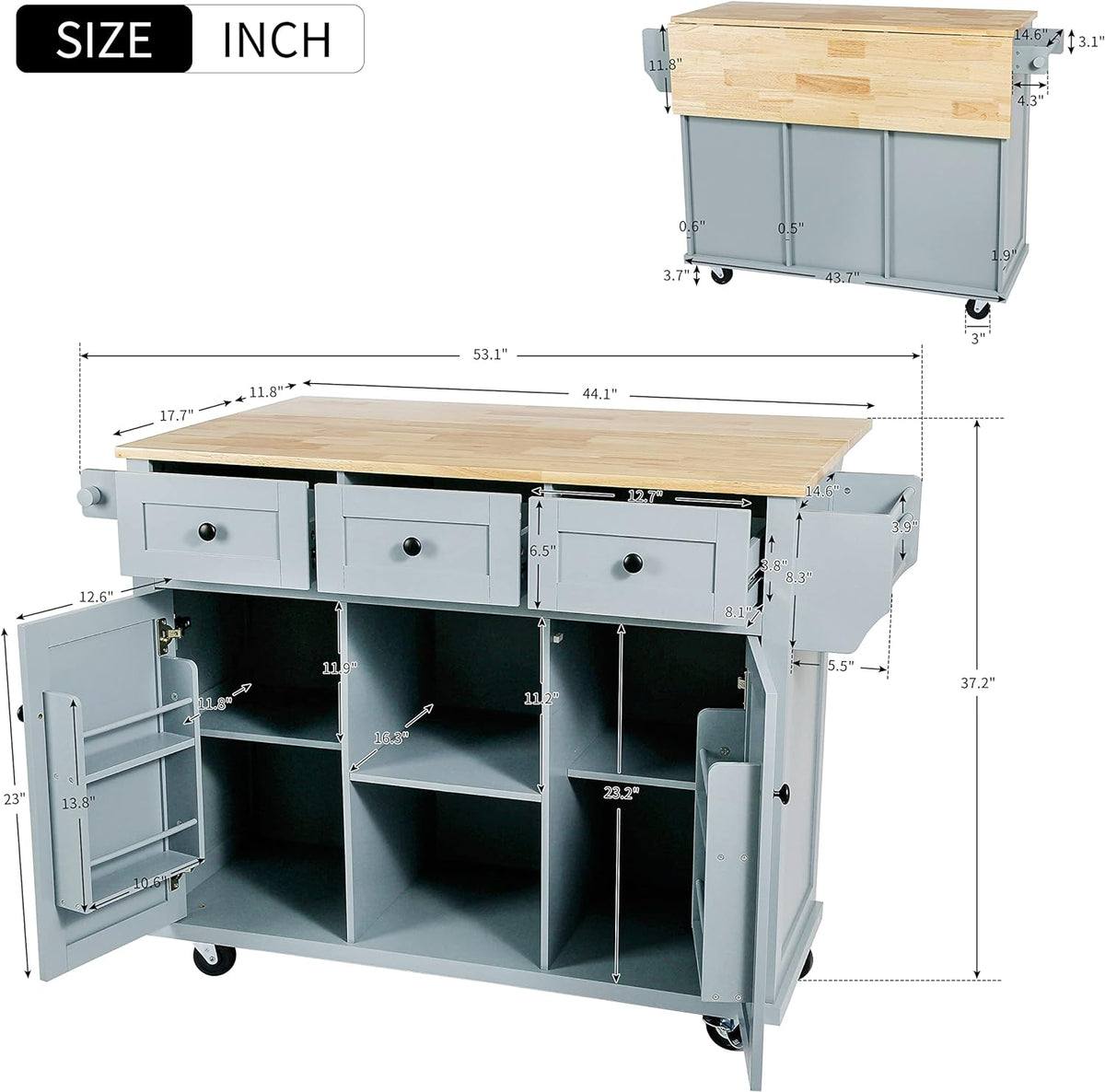 Blue Kitchen Cart with Rubber Wood Drop-Leaf Countertop D9175