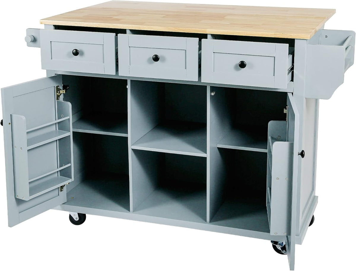 Blue Kitchen Cart with Rubber Wood Drop-Leaf Countertop D9175