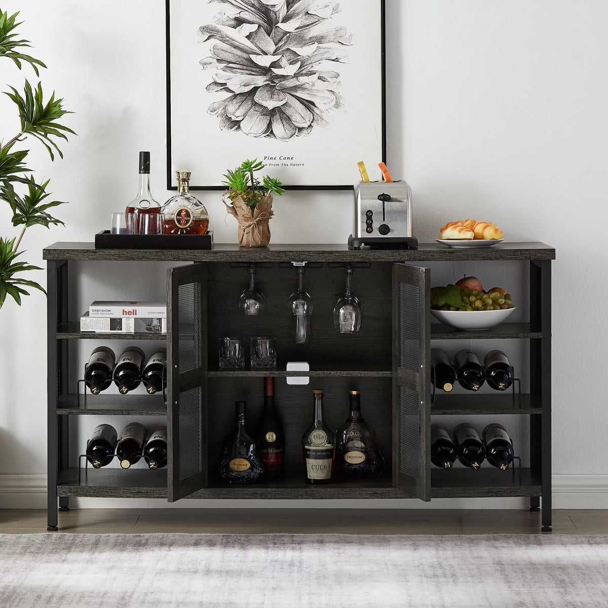Dark Gray Wood Wine Cabinet with Storage X2561