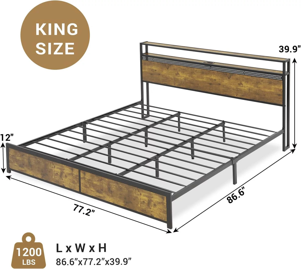 King Bed Frame with USB Ports and Outlets W6468