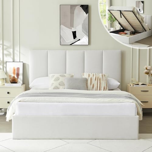California King Size Lift-Up Storage Upholstered Platform Bed Beige J498340