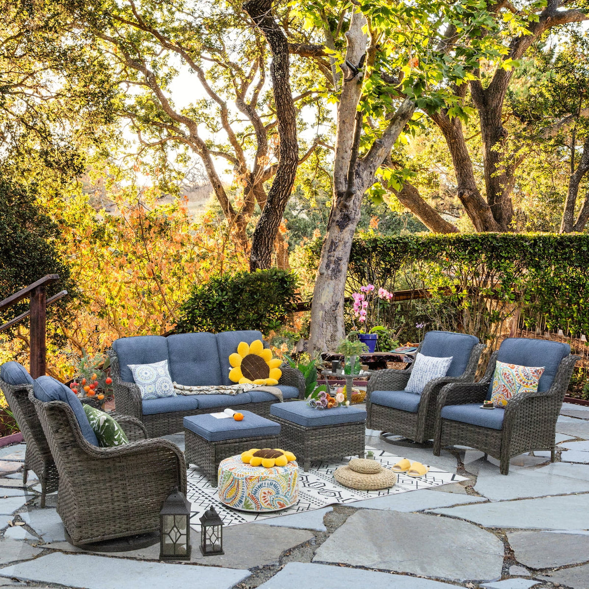 8 Pieces Outdoor Furniture Set with 3-Seat Sofa Swivel Rocking Chairs W441