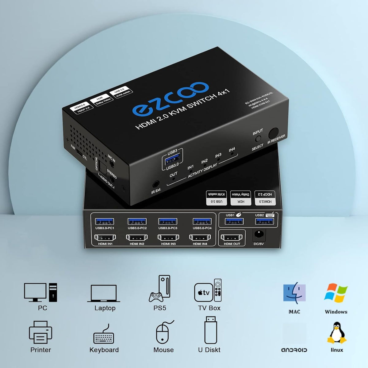 4-Port USB 3.0 KVM Switch HDMI 4K 60Hz with USB Peripheral Hub and IR Remote U41610