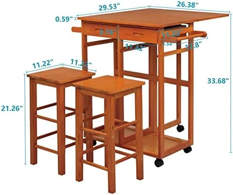 Drop Leaf Solid Wood Table and Stool Set with 2 Drawers A12314