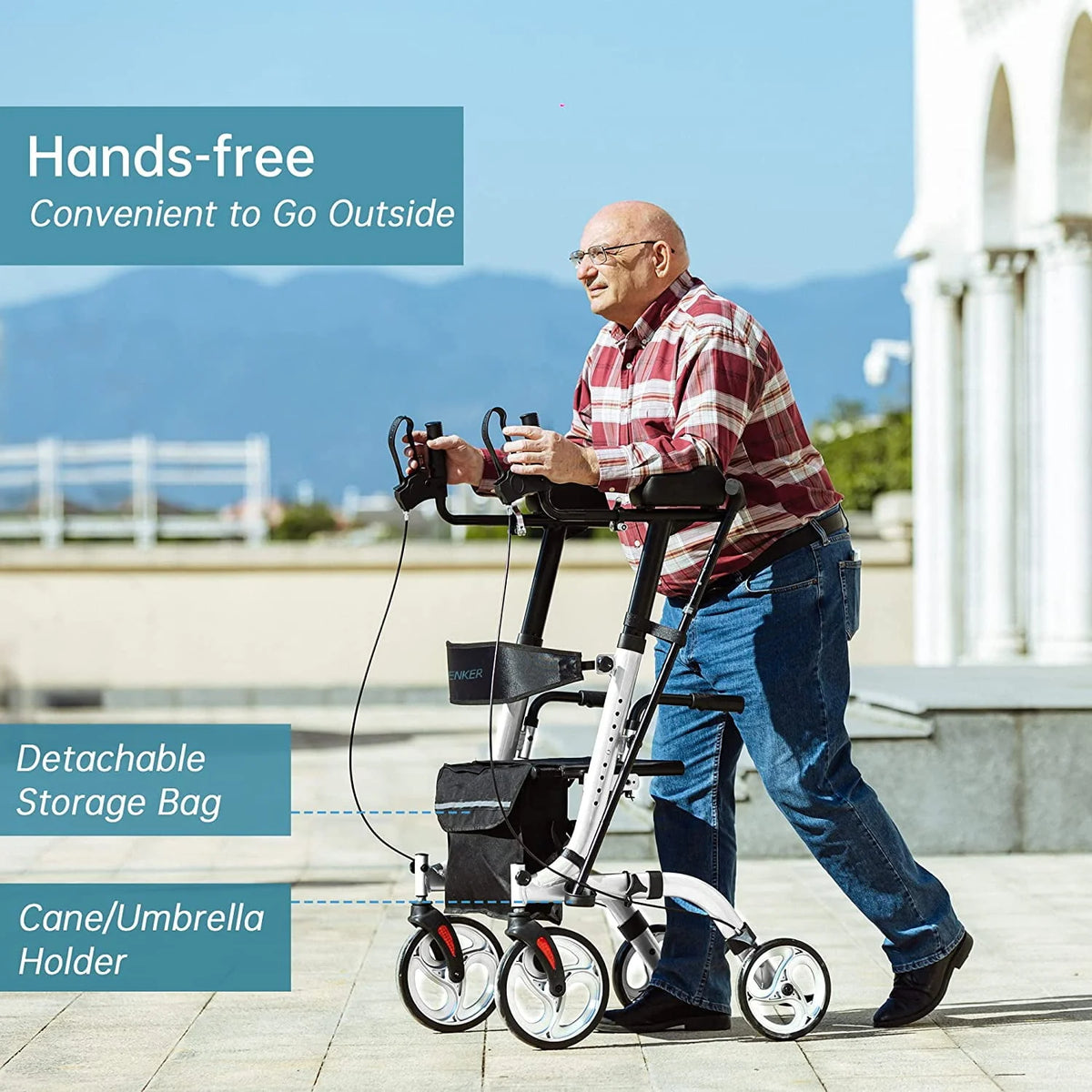 Upright Folding Rollator Walker with Seat, White S67388