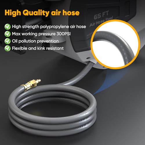 3/8 in x 65 Ft Heavy Duty Retractable Air Hose Reel with 180° Swivel Mount, 300 PSI Z8849