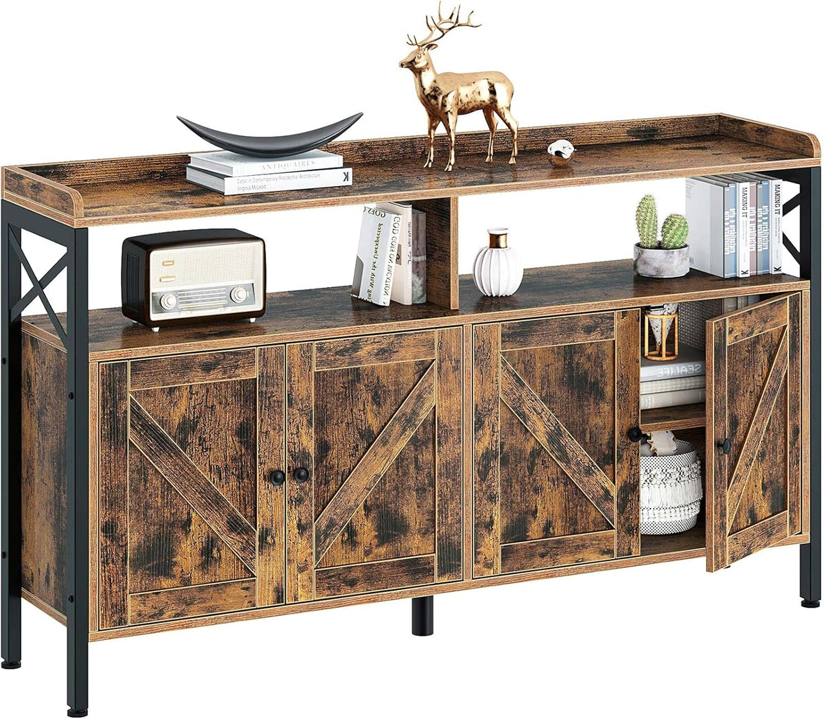 Rustic Brown 55Inch Console Table with Cabinet and Open Shelf N3847