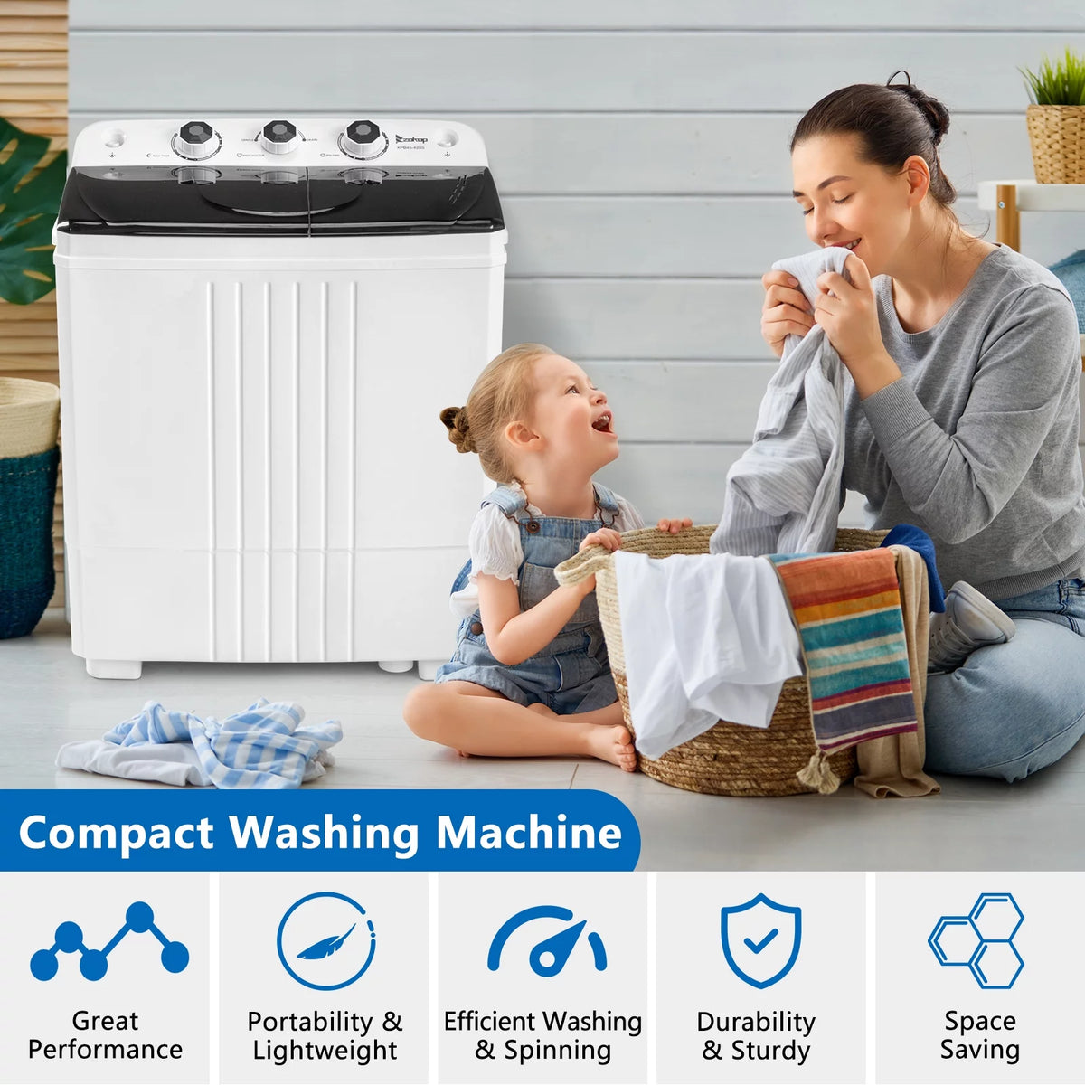 Compact Twin Tub Portable Mini Washing Machine with Drain Pump D386412