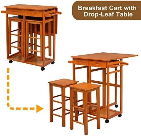 Drop Leaf Solid Wood Table and Stool Set with 2 Drawers A12314