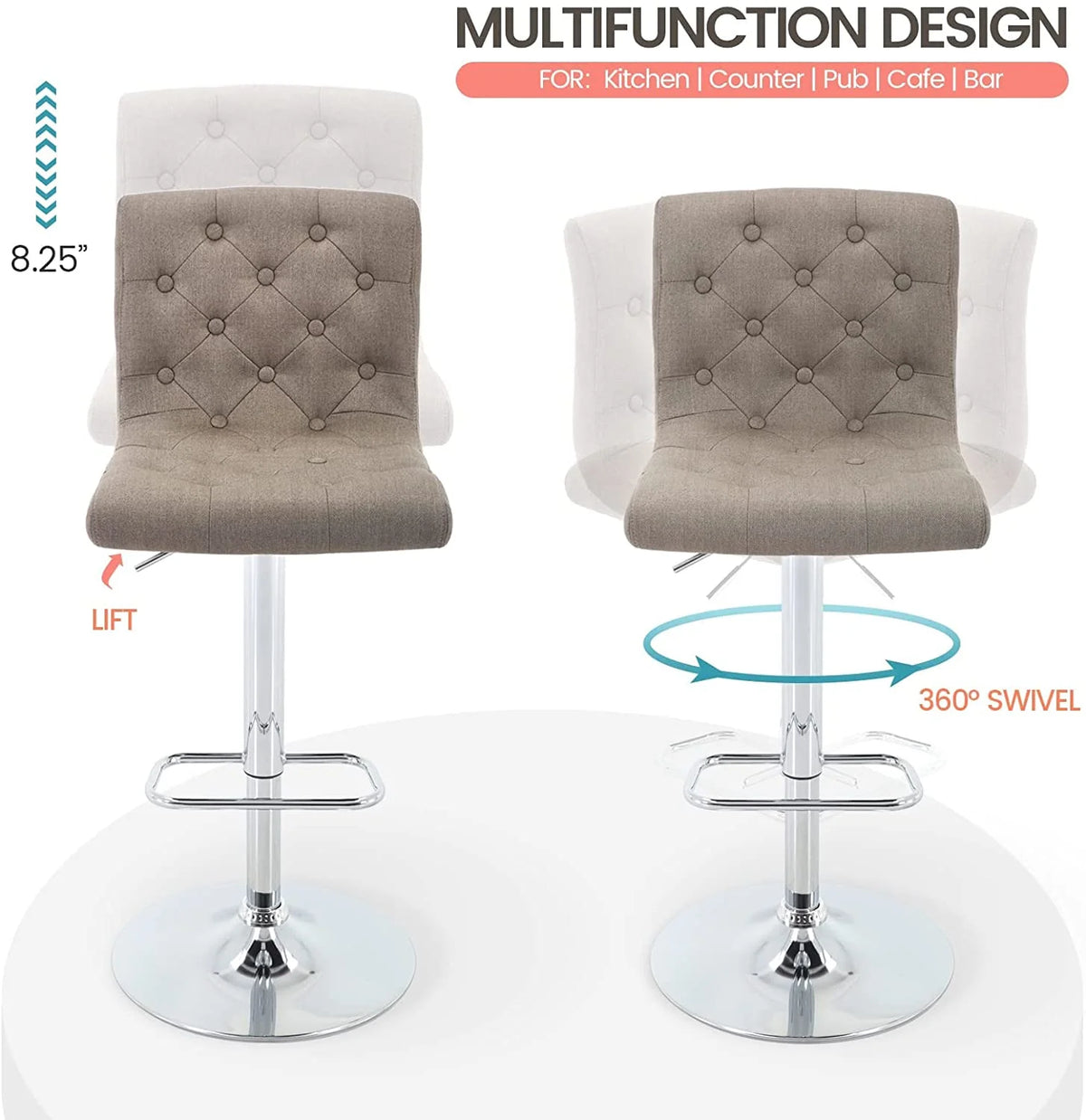 Tufted Swivel Bar Stool with Back, Fabric Upholstered Armless Bar Chair A59753
