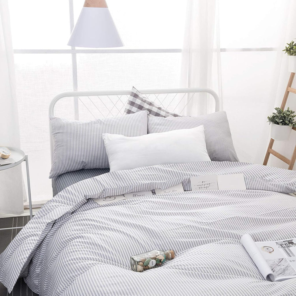 Gray White Striped 100% Cotton Duvet Cover Set, California King Size E448082