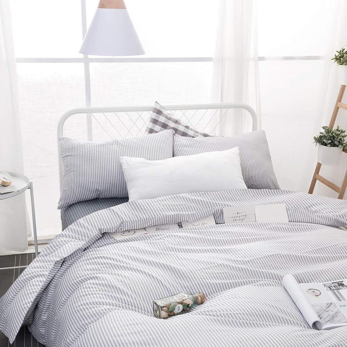 Gray White Striped 100% Cotton Duvet Cover Set, California King Size E448082
