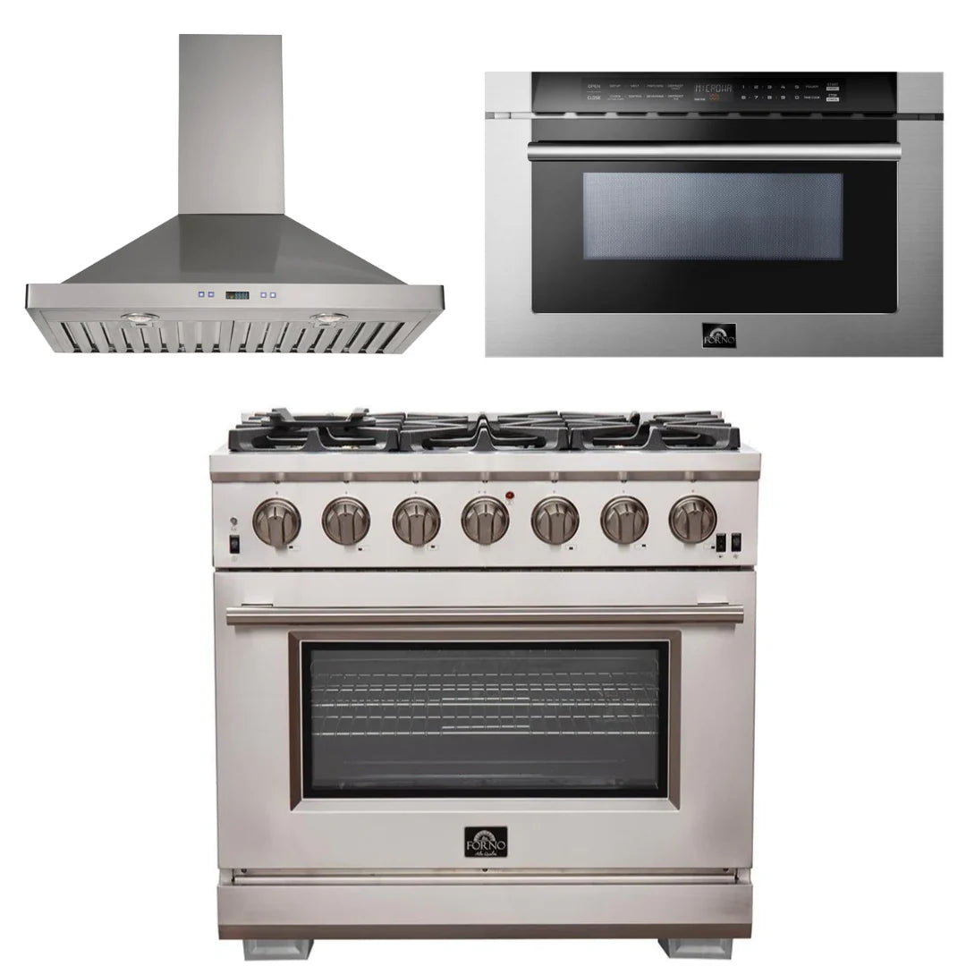 36 Inch Pro Gas Range, Wall Mount Range Hood, Microwave Drawer C144