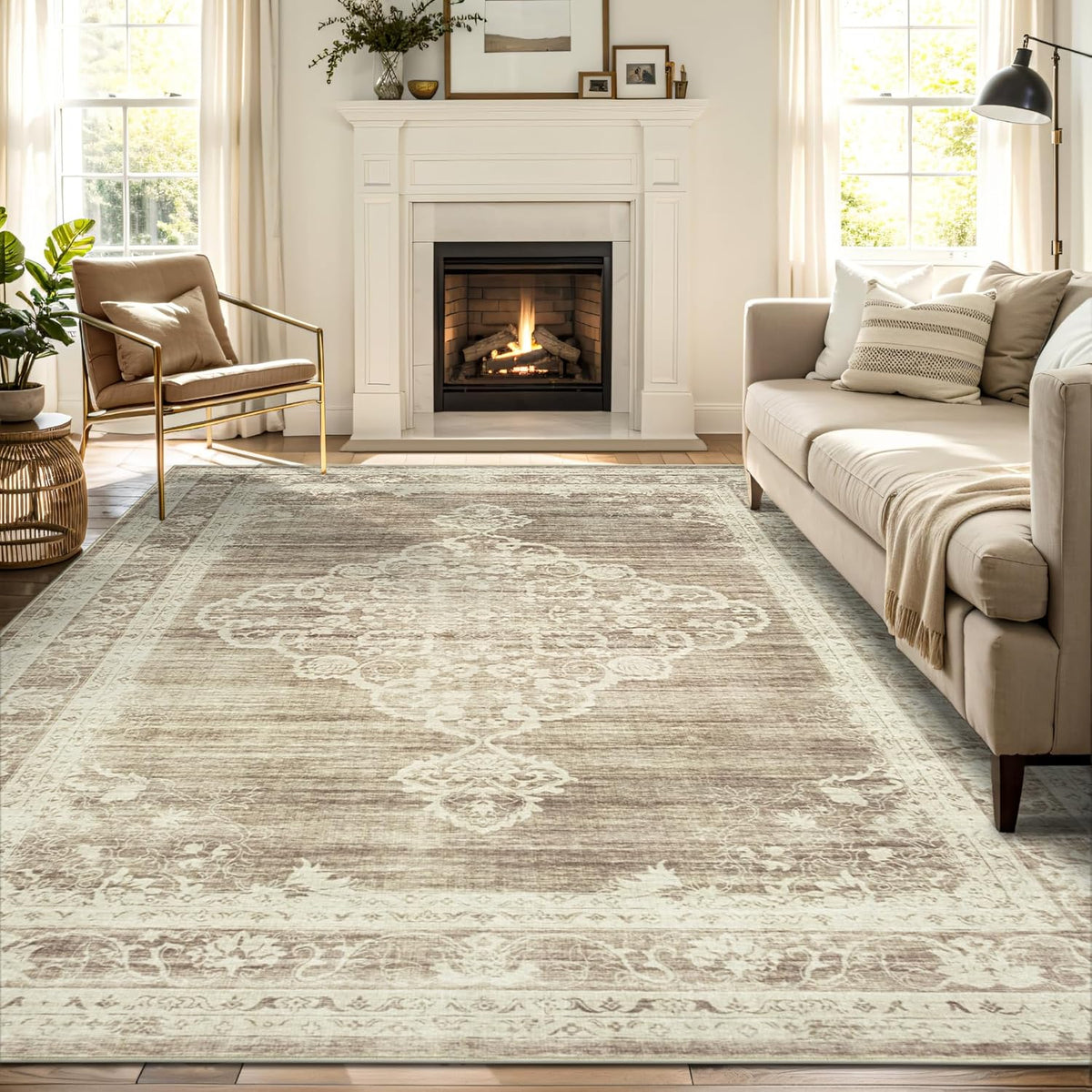 Beige 9x12 Washable Non Slip Low Pile Area Rug H1604