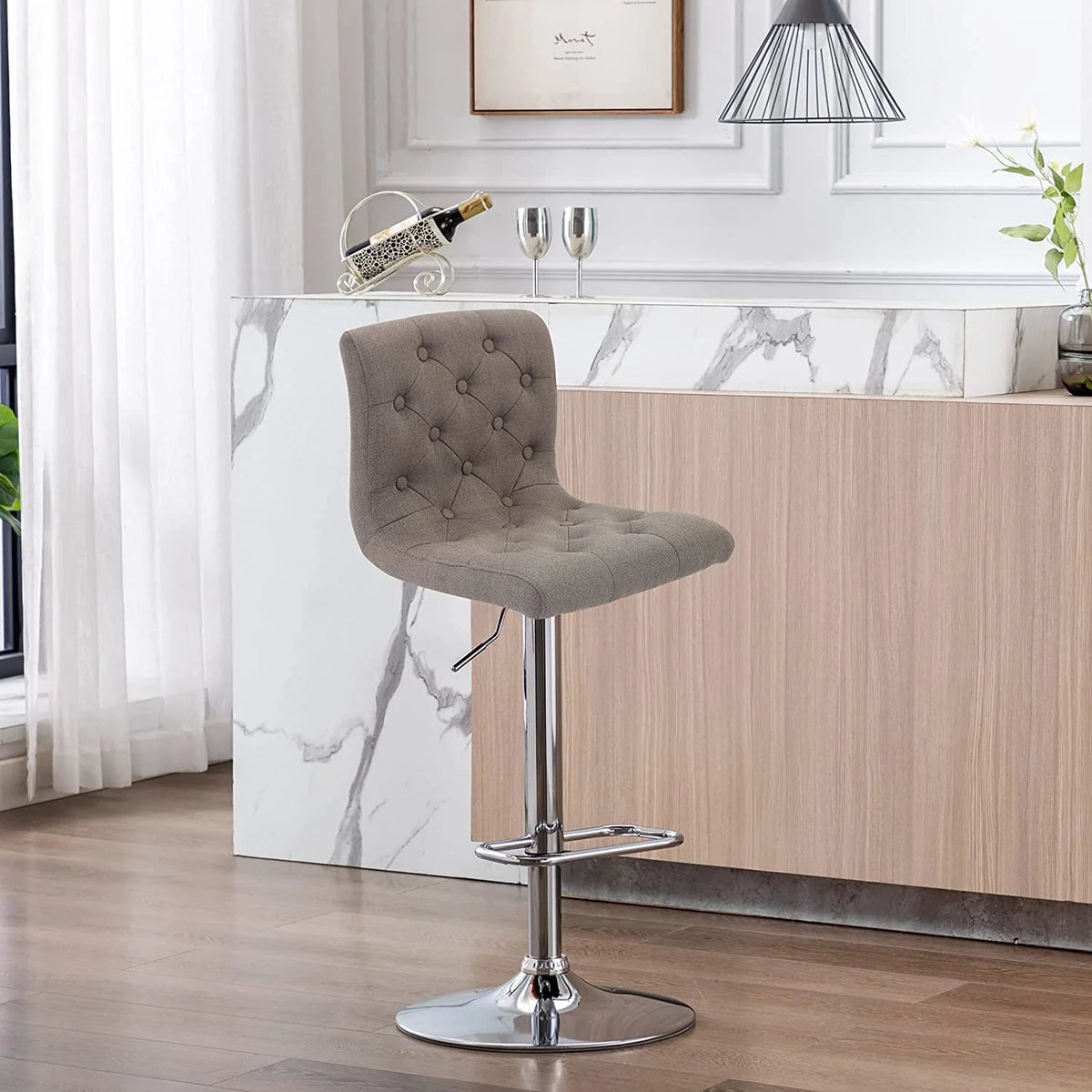 Tufted Swivel Bar Stool with Back, Fabric Upholstered Armless Bar Chair A59753