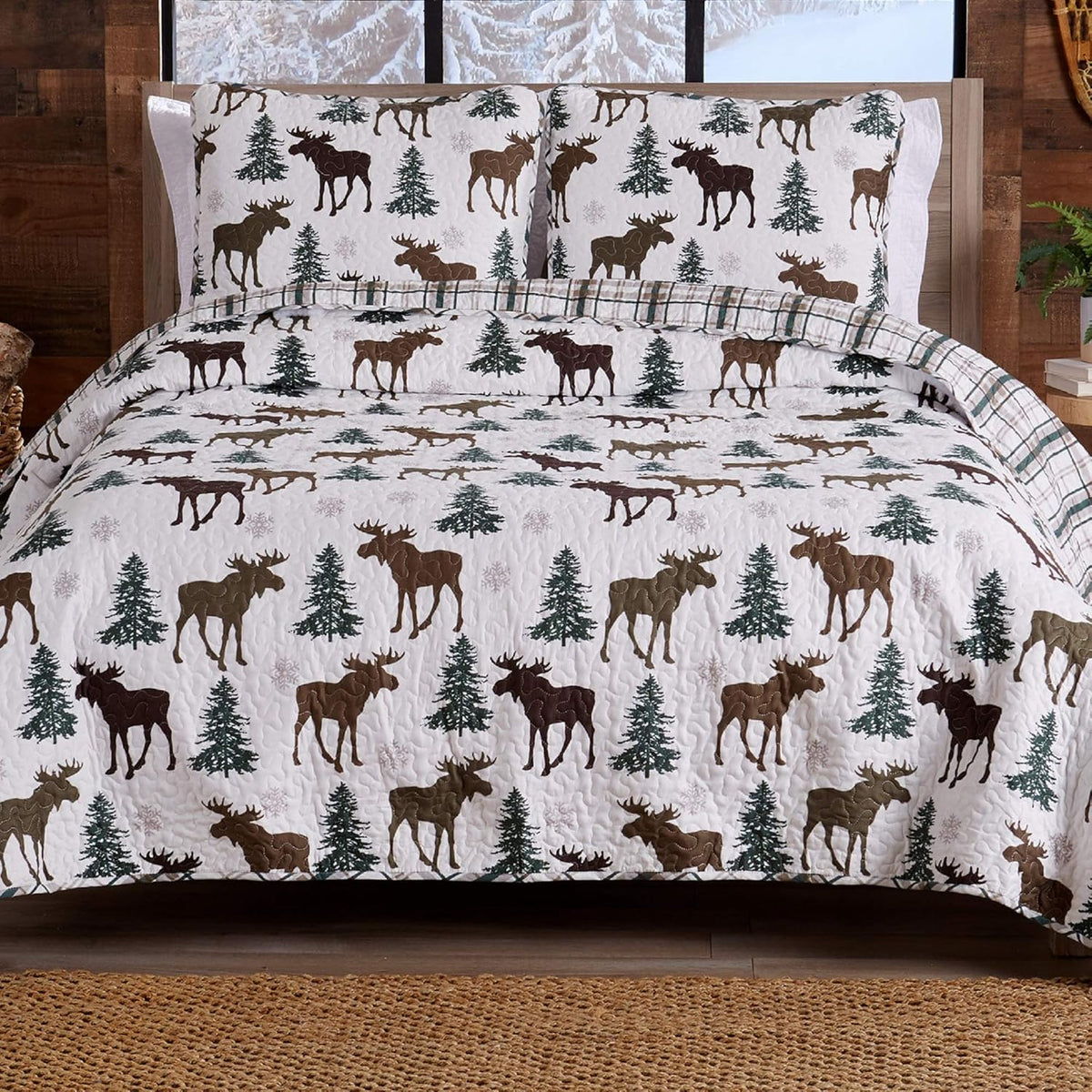Forest Green 3-Piece Reversible Quilt Set with 2 Shams E241