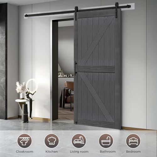 20 in x 84 in Elephant Gray Solid Wood Barn Door with Sliding Door Hardware Kit W732