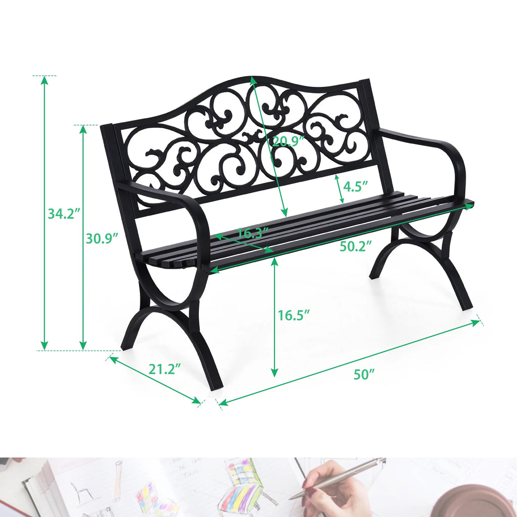 50" Outdoor Iron Cast Garden Park Bench - Black G72365