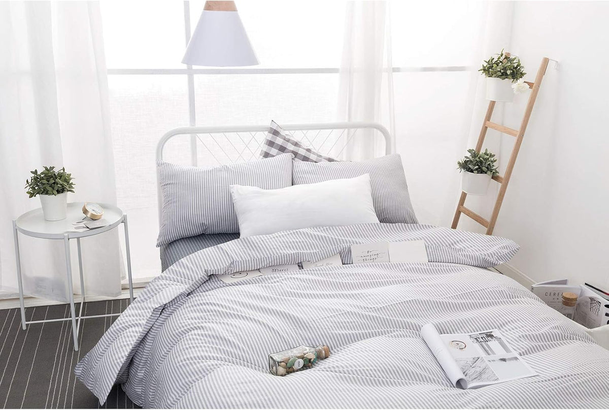 Gray White Striped 100% Cotton Duvet Cover Set, California King Size E448082