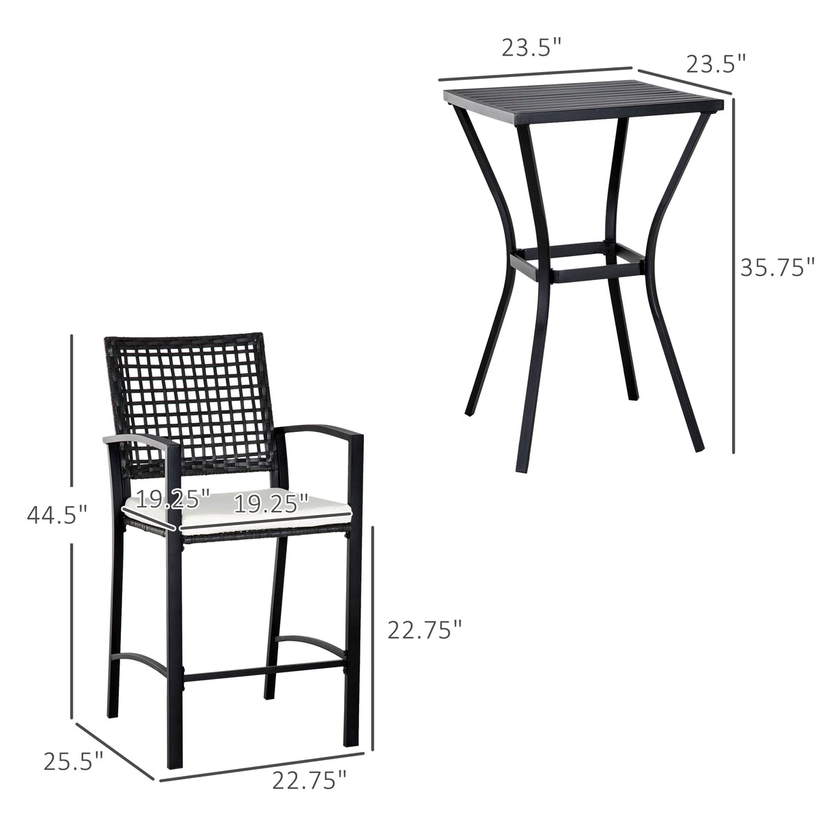 3 Pcs Rattan Wicker Patio Bar Set with Cushion T864789
