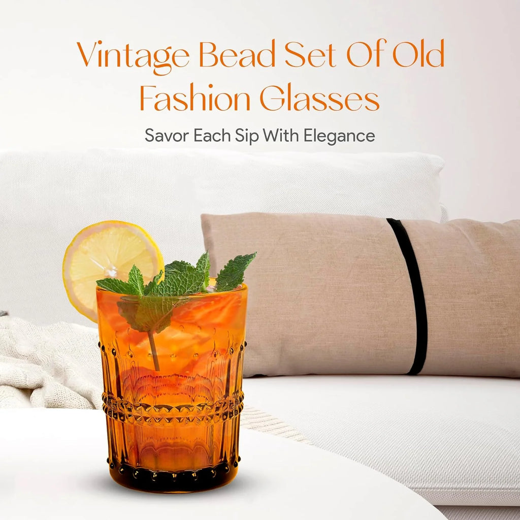 10 Oz Embossed Amber Beaded Whiskey Glasses Set Of 4 K641696