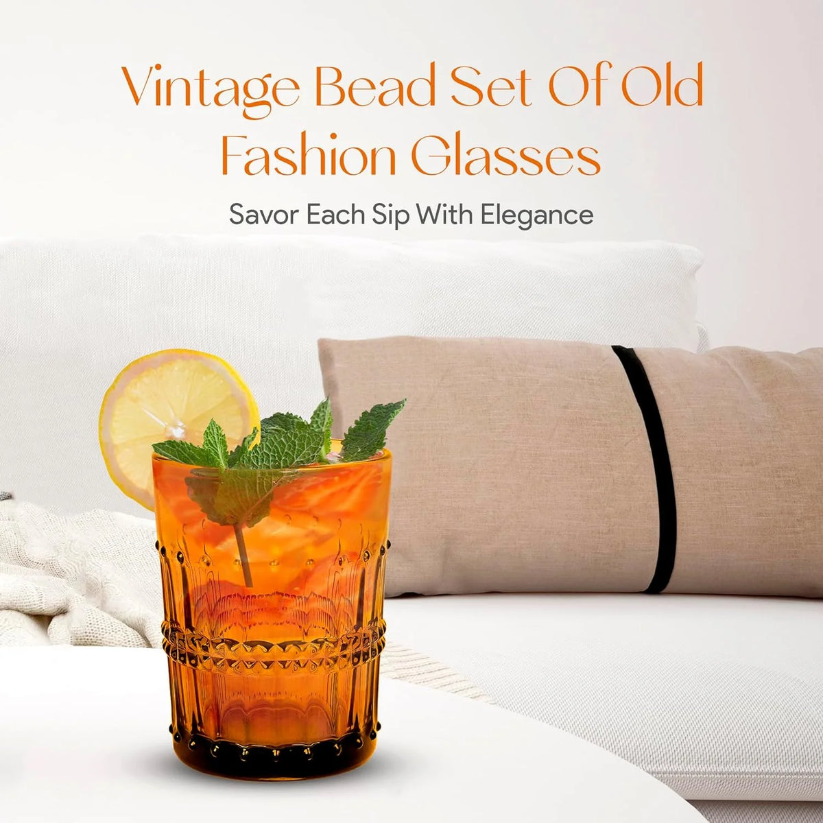 10 Oz Embossed Amber Beaded Whiskey Glasses Set Of 4 K641696