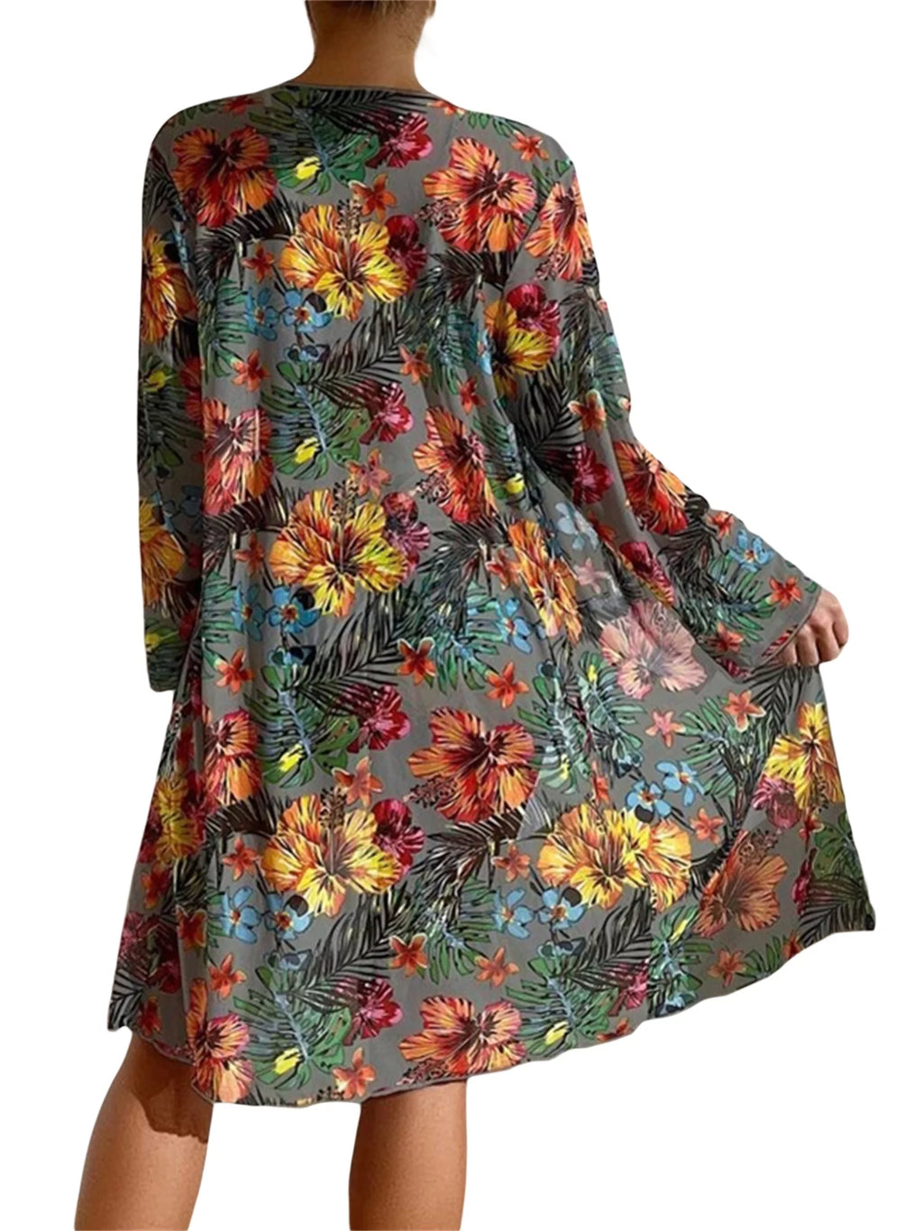 3 Pcs Floral Leaves Print Sling Padded Bra Thong Bottoms Long Sleeve Open Front Cover-Ups Bikini D1218