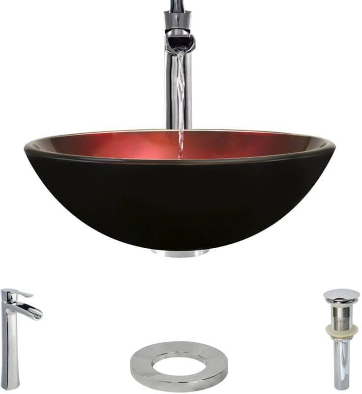 Foil Undertone Glass Vessel Sink with Chrome Faucet and Drain E9947