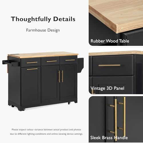 Black Farmhouse Kitchen Island with Drop Leaf, Barn Door, 3 Drawers, Adjustable Shelf, Spice Rack, 56" F706110