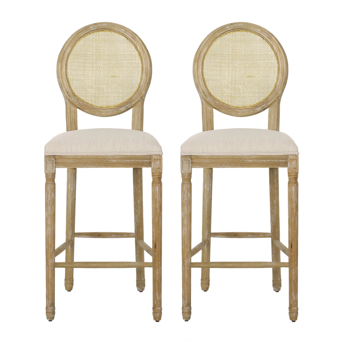 Fabric Upholstered Wood and Cane Barstools, Set of 2 V36350