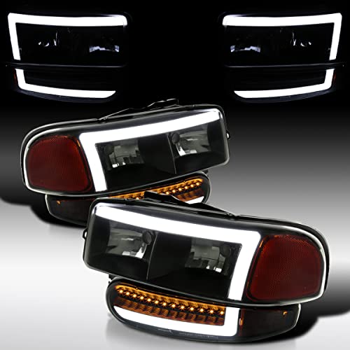 Compatible with 2000-2006 GMC Sierra Denali Black Smoke LED Tube Headlights + Sequential Bumper Lights V99329